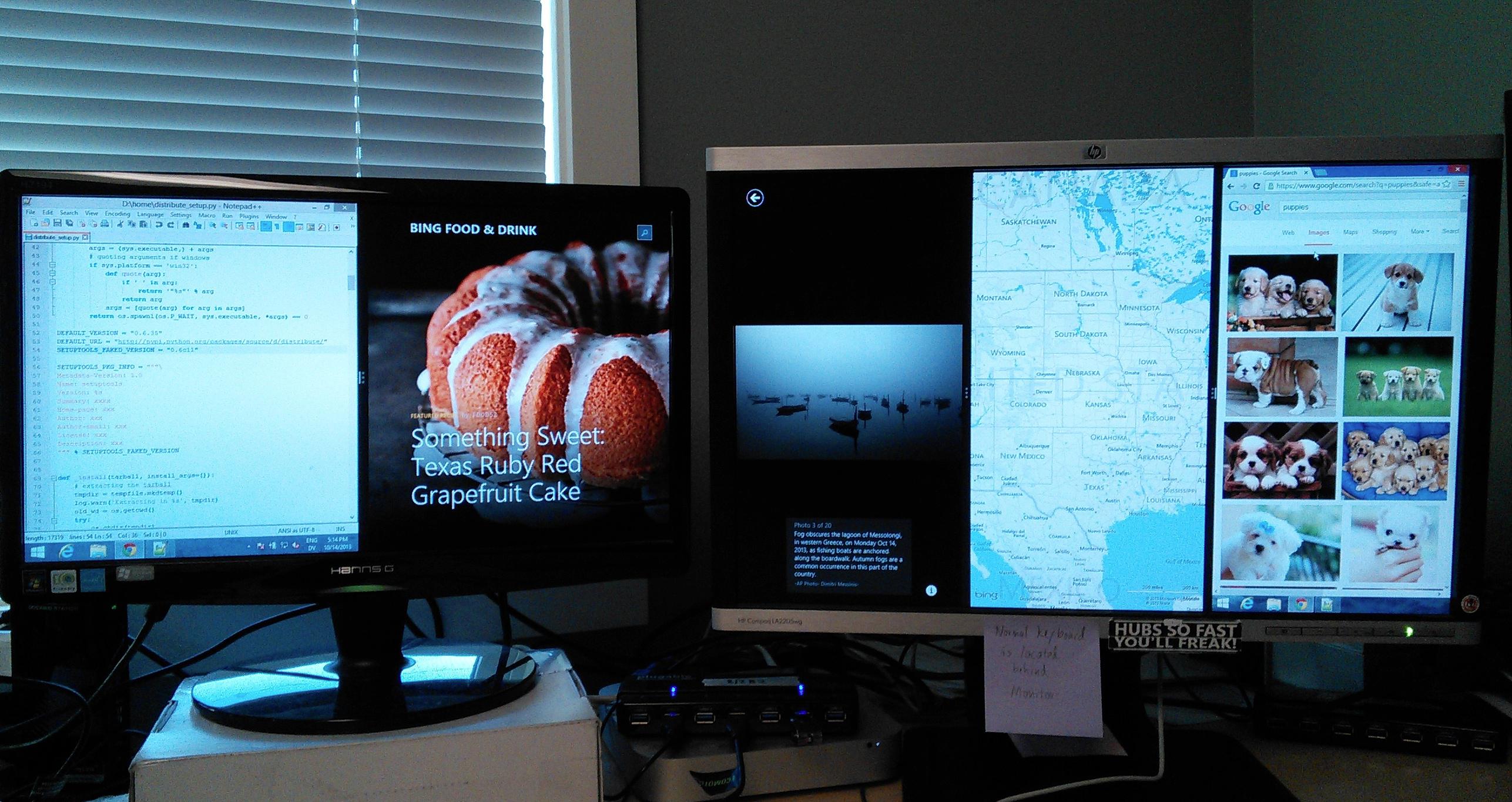 Two monitors displaying different multi-pane setups