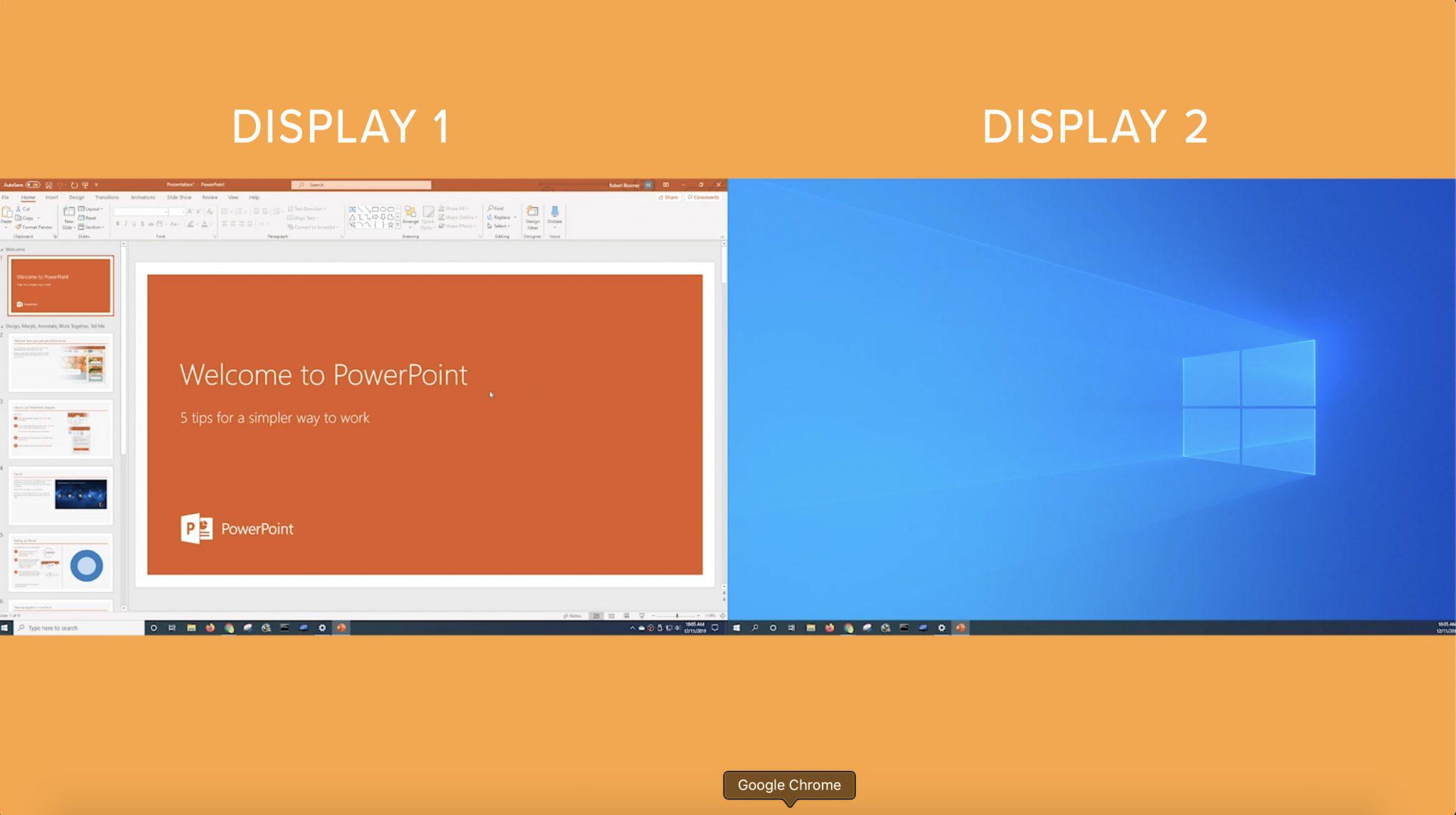 Display 1 showing Powerpoint and display 2 showing an empty desktop