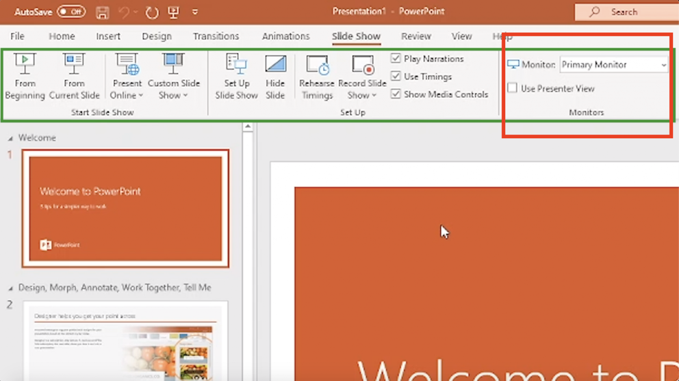 Powerpoint Slideshow ribbon with Primary Monitor selected