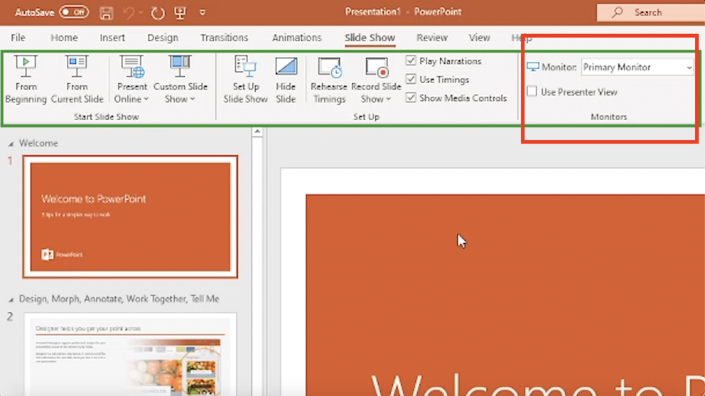 powerpoint slide show select monitor