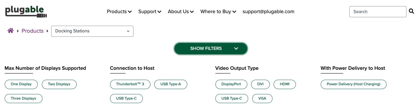Screenshot of filters on plugable.com