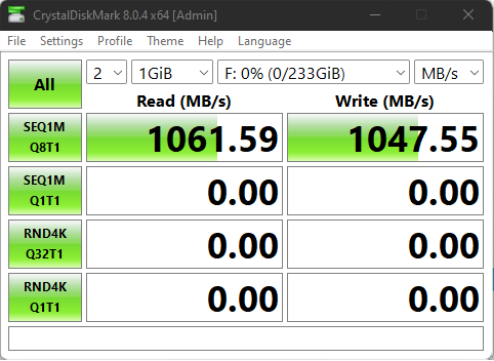 Disk speed results for USBC-NVME storage drive