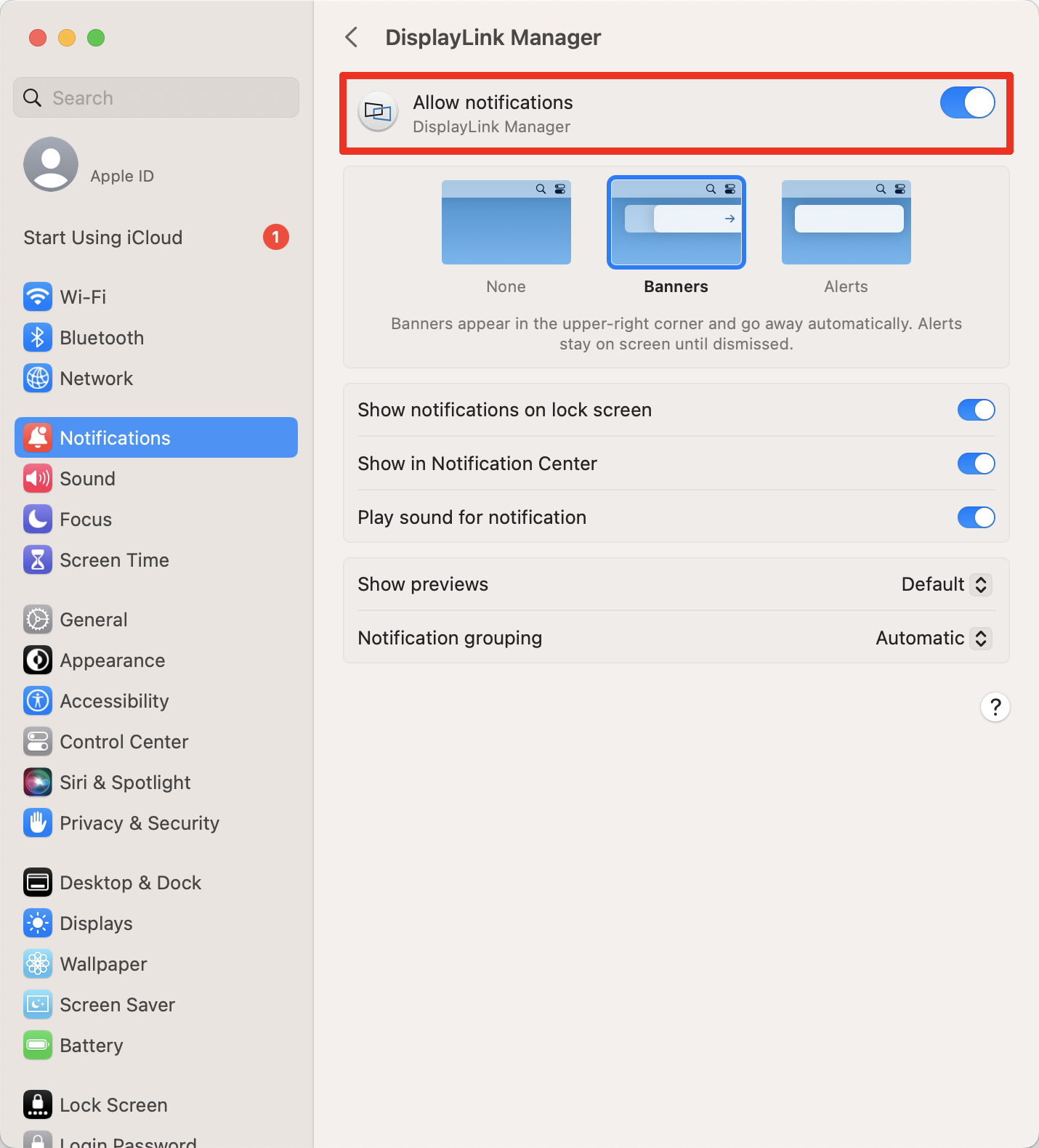 macOS 13 System Settings Notifications DisplayLink