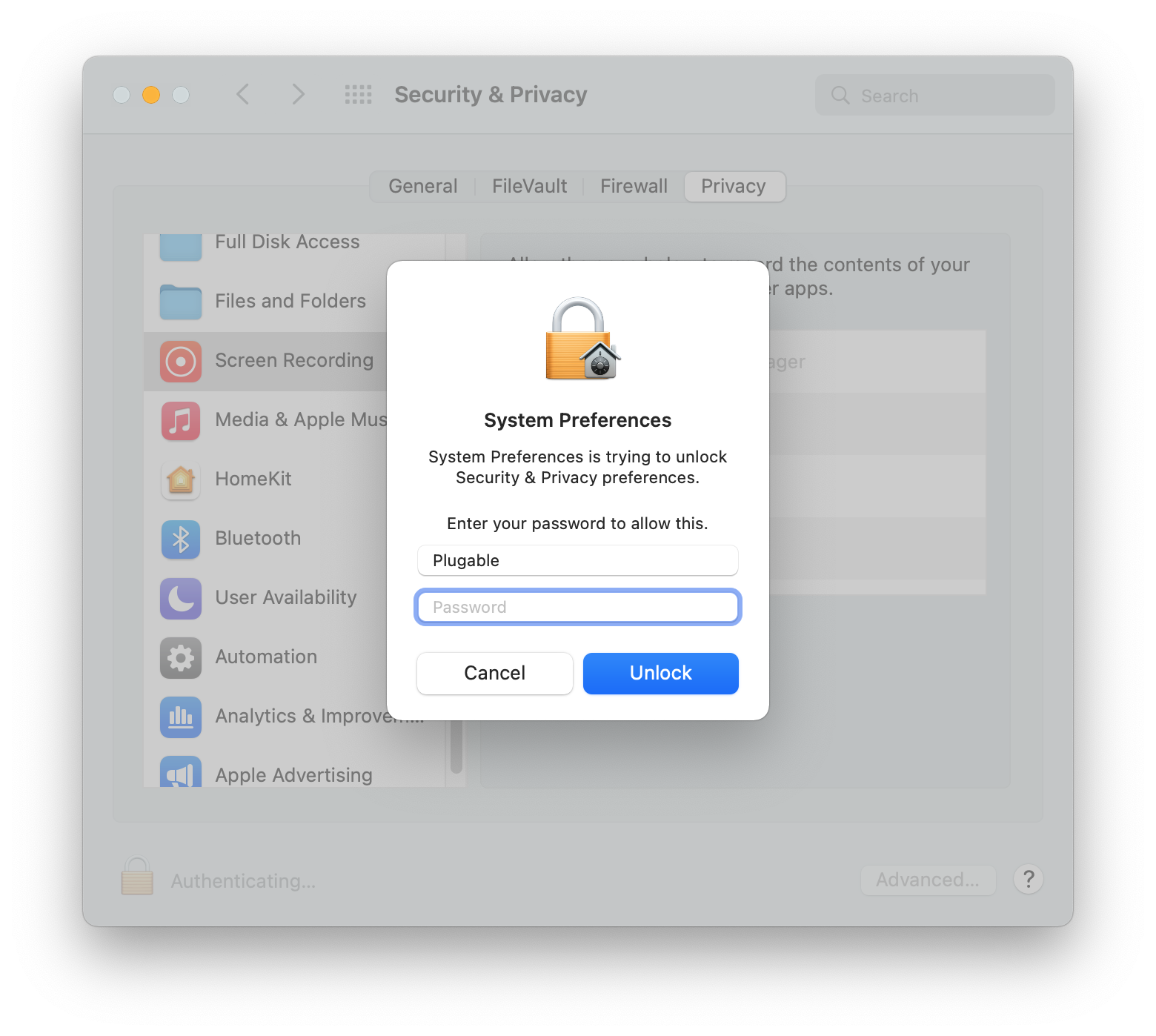 Security and Privacy Settings Admin Password Prompt