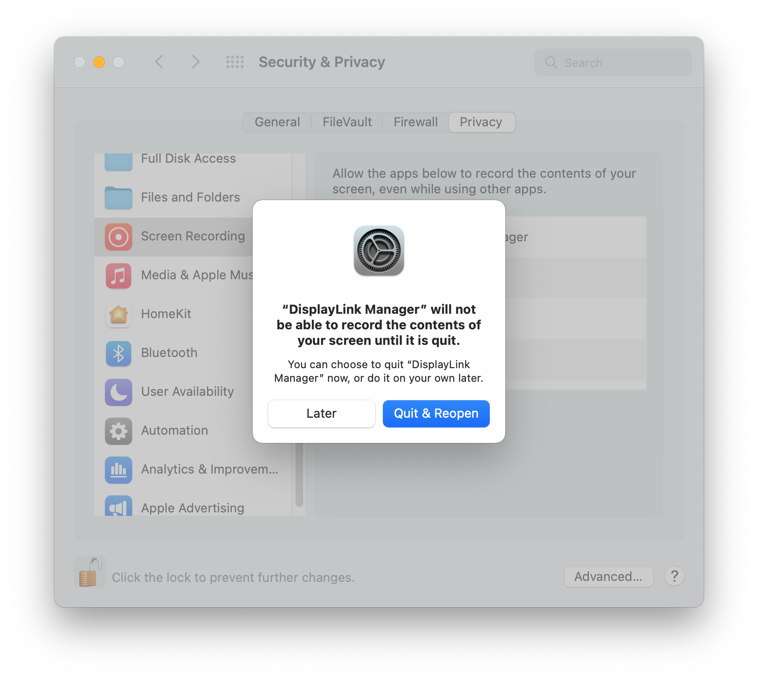 Security and Privacy Settings Screen Recording DisplayLink Quit And Reopen