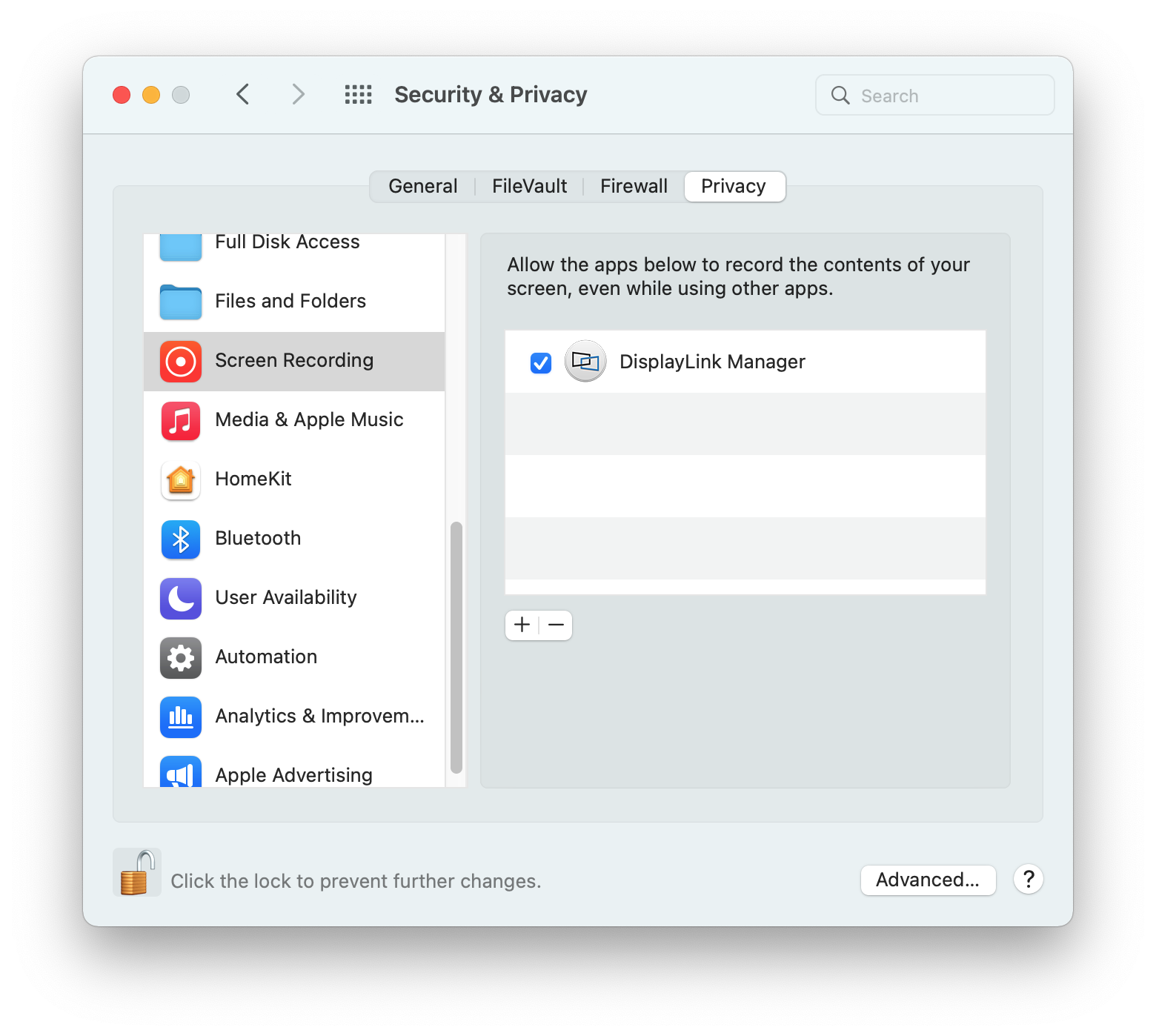 Security and Privacy Settings Screen Recording DisplayLink Check Mark