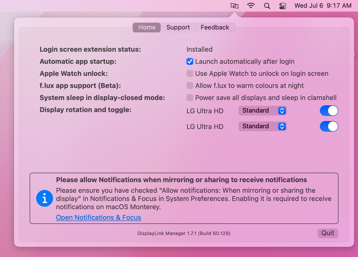 macOS DisplayLink Manager version 1.7.1 application status window