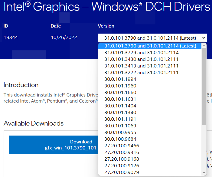 Intel Driver Download Page select latest graphics drivers