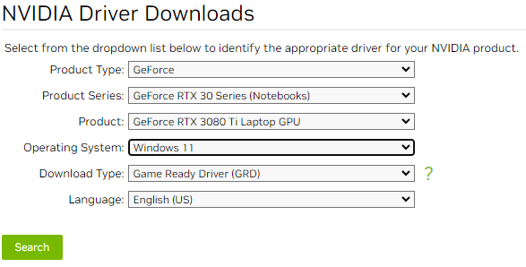 NVIDIA driver selection page