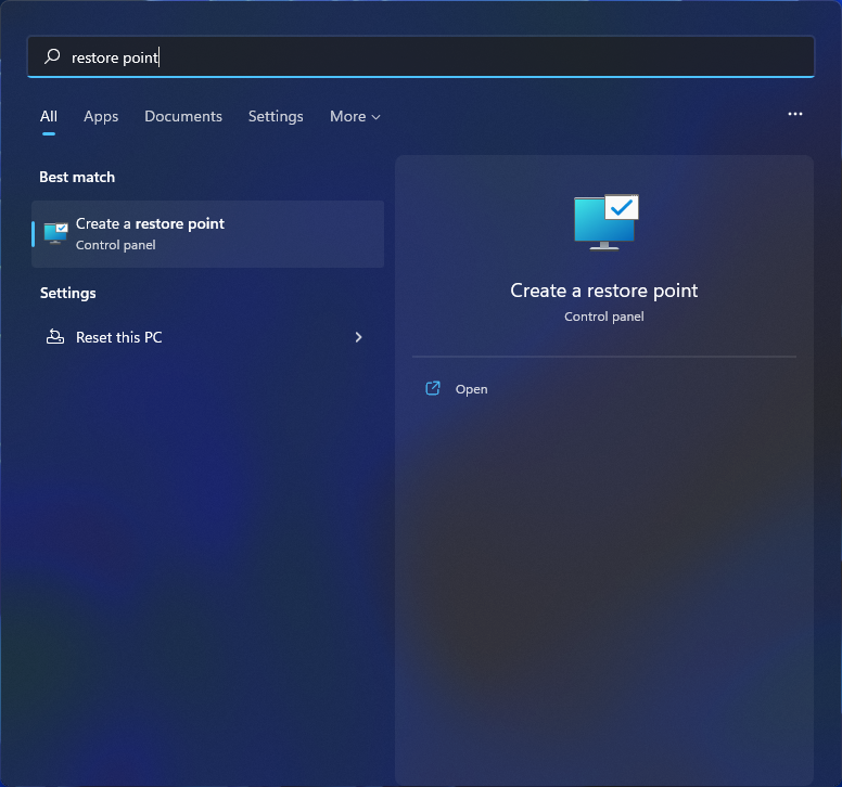 Start menu search for restore point