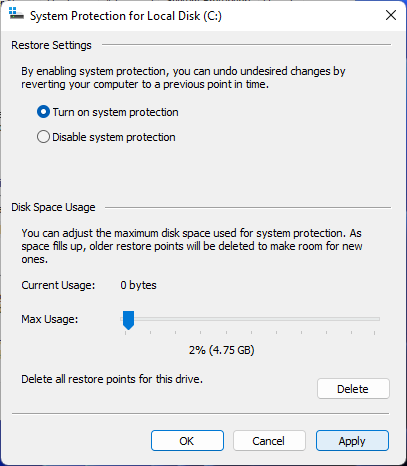 Windows System protection for local disk to enable system restore
