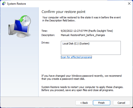 System restore confirm system restore