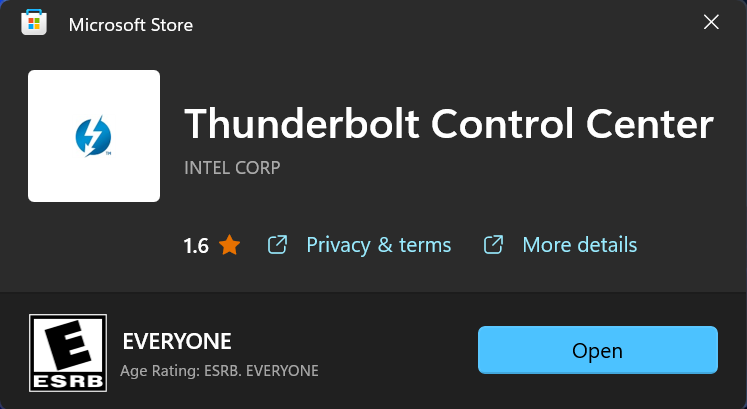 Thunderbolt Control Center Installation from Microsoft Store