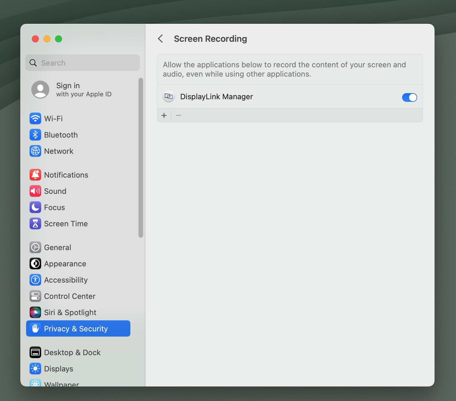 macos displaylink manager permission granted