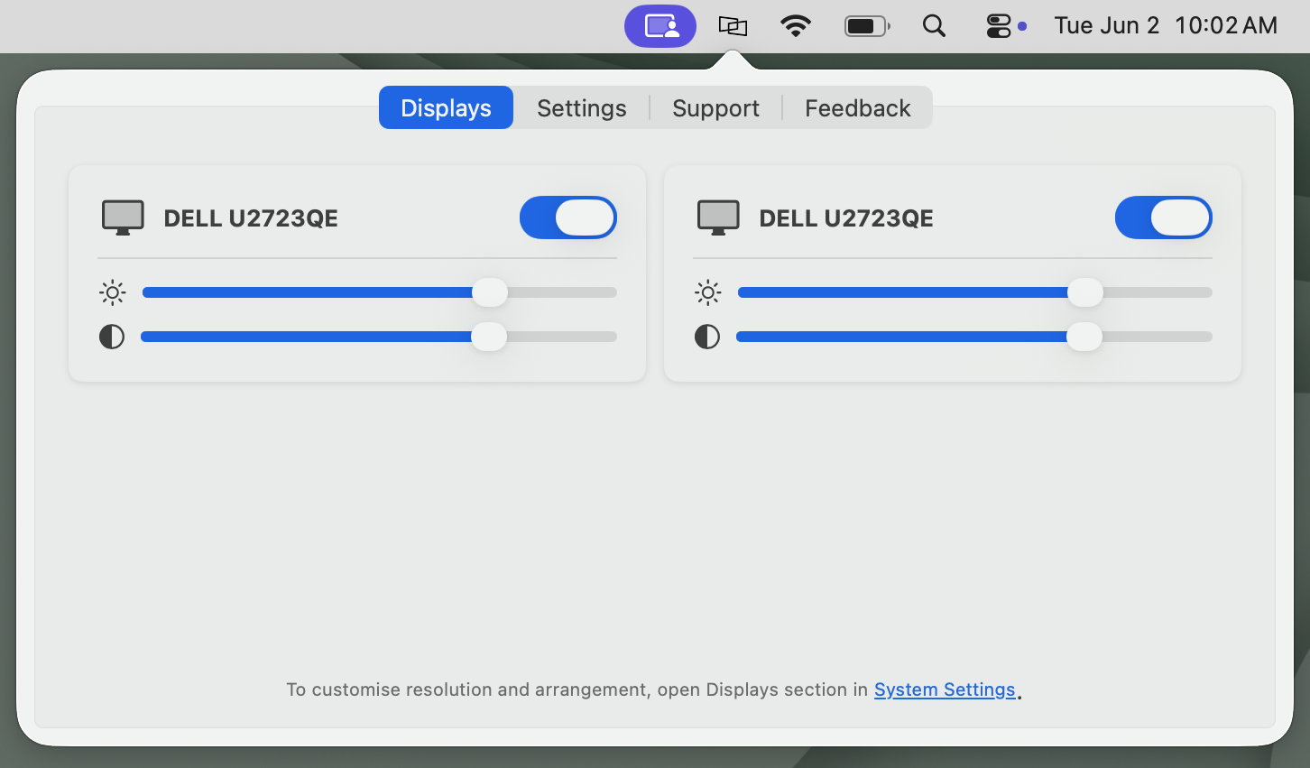 displaylink manager status window displays tab