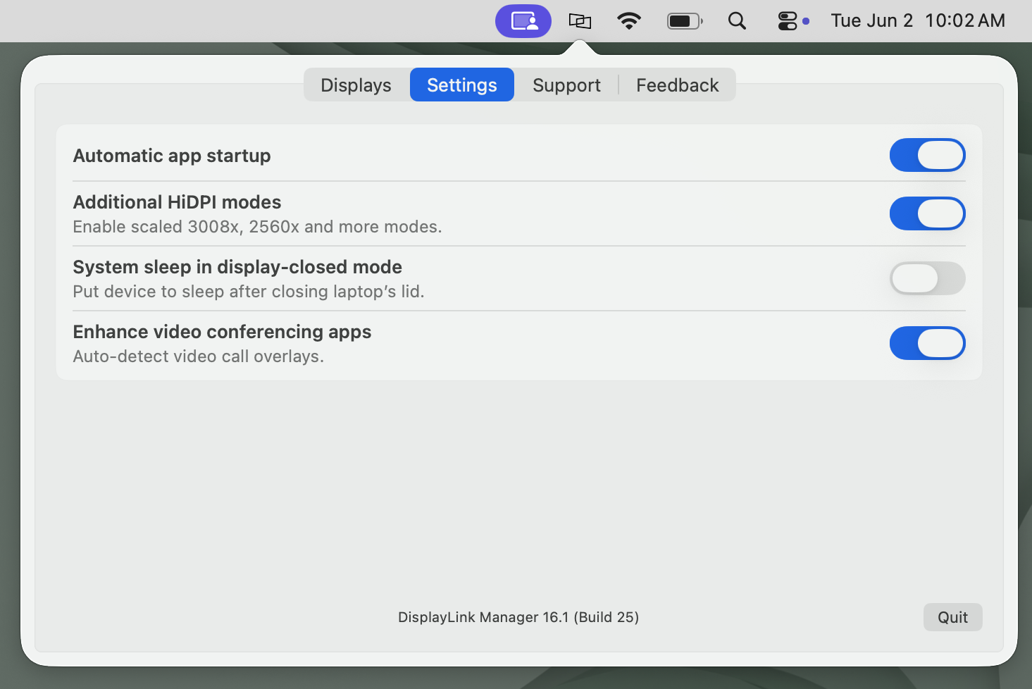 displaylink manager status window settings tab