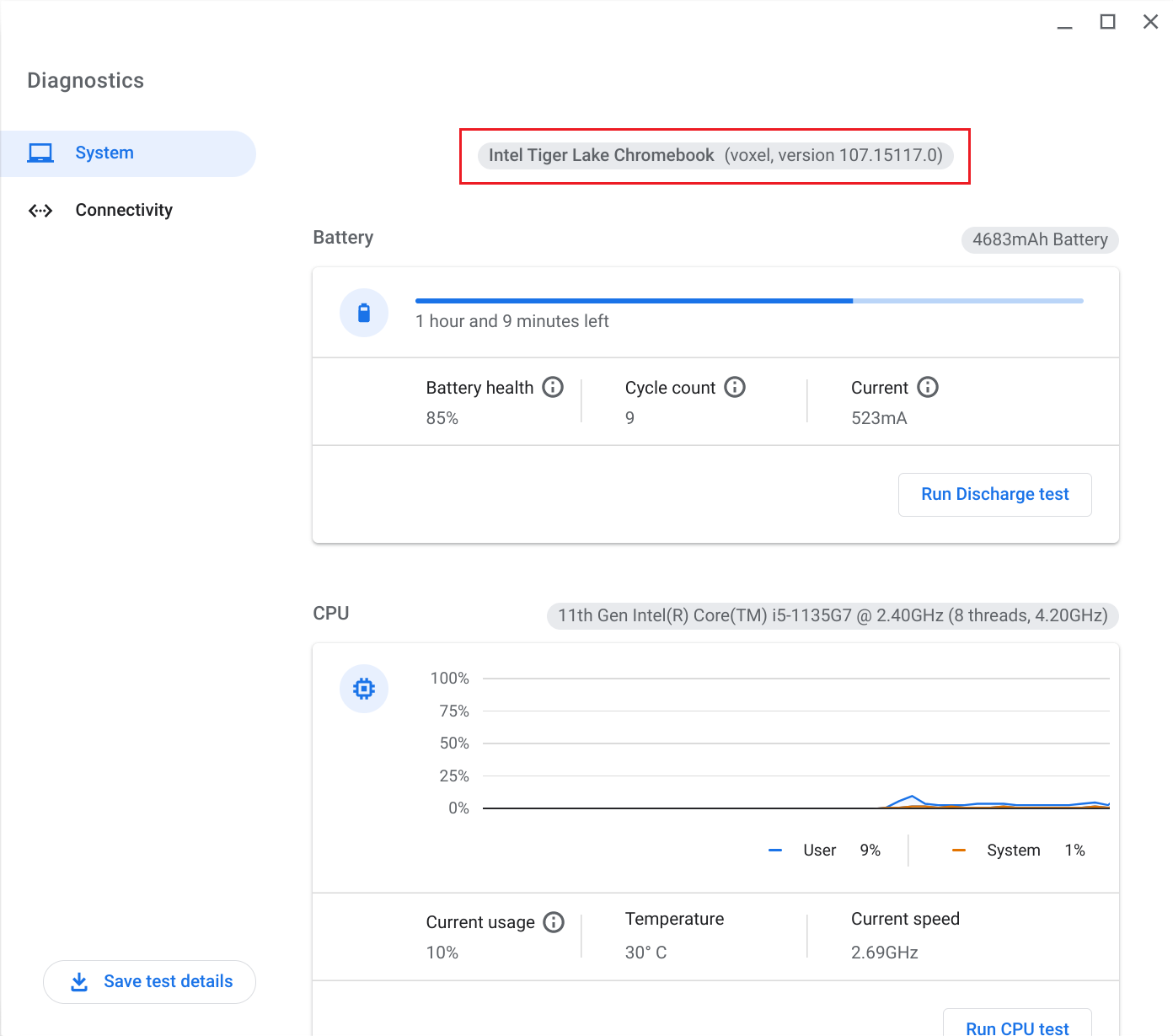 Chromebook Diagnostics Application screenshot