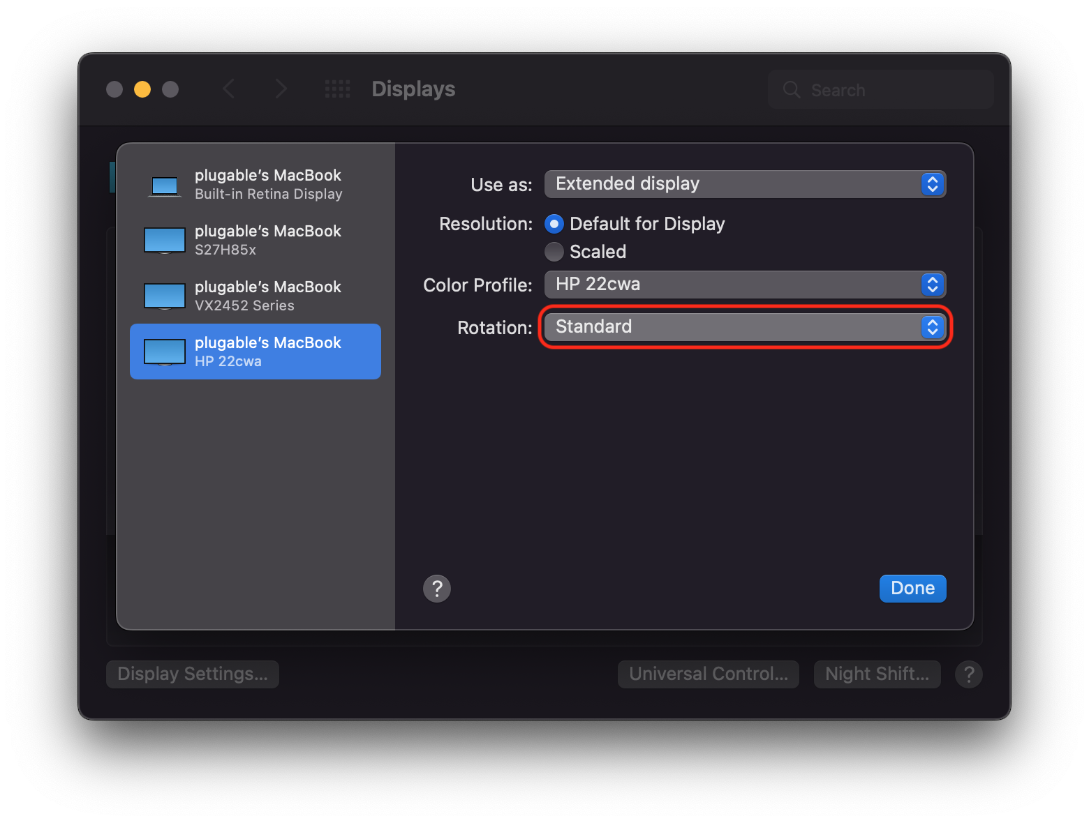 macOS 12 Display Settings with Rotation box highlighted
