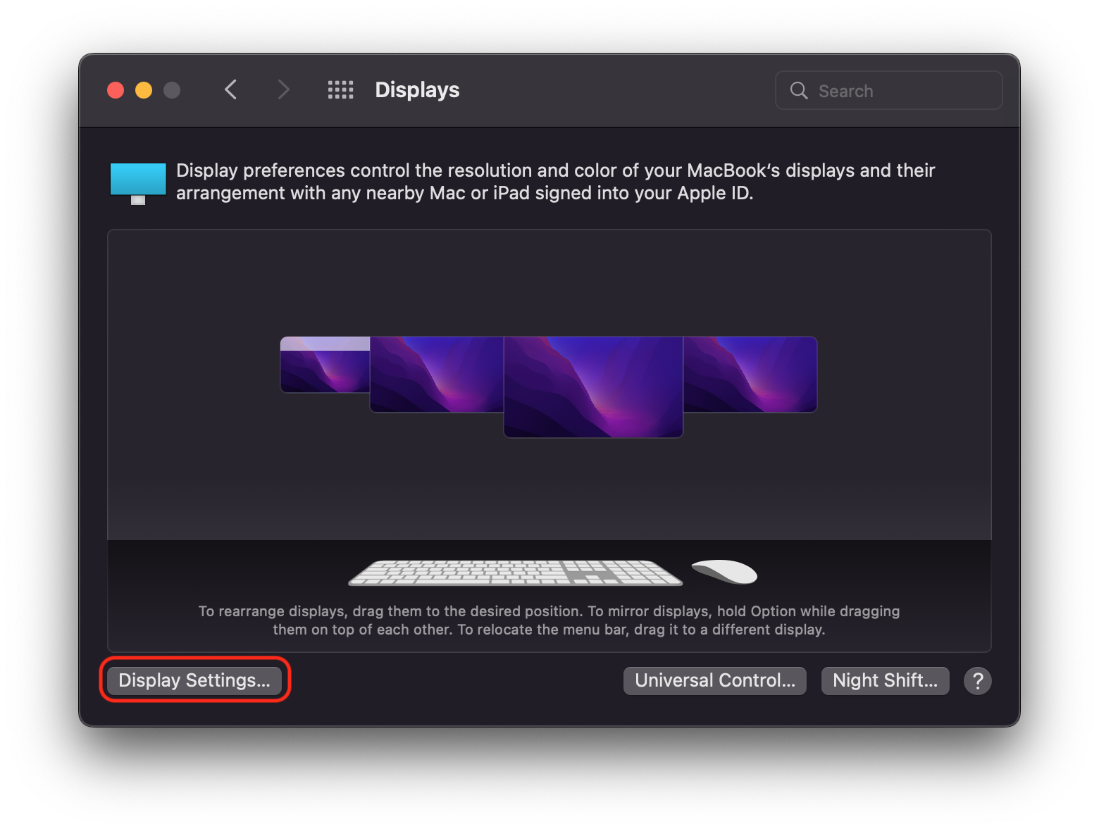 macOS 12 System Preferences Display section with Display Settings highlighted