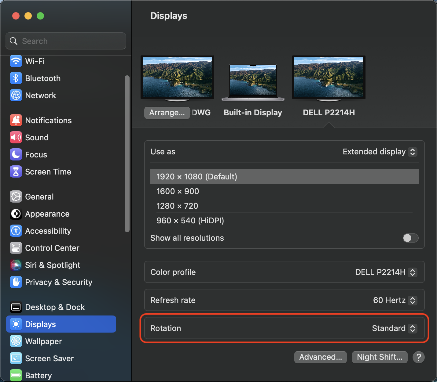 macOS 13 System Settings Display section with rotation highlighted