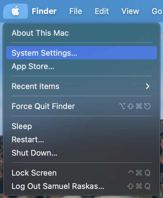 macOS Apple Menu with System Settings highlighted