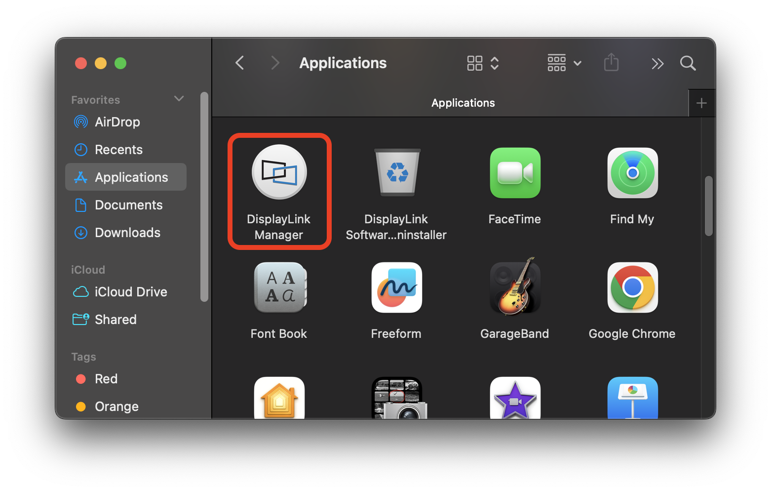 displaylink manager application icon within macos applications folder