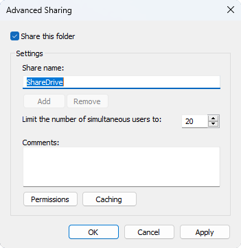 windows file sharing - advanced sharing dialog