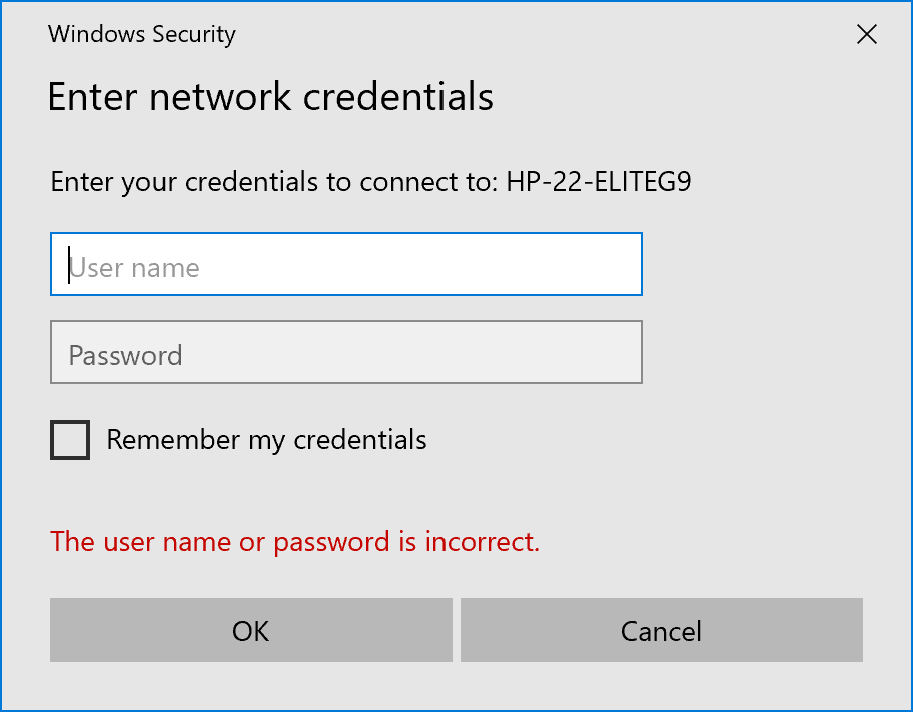 windows file sharing - enter network credentials