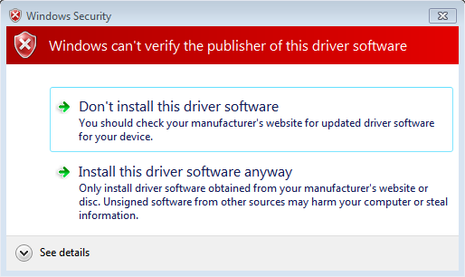 Windows 7 security cannot verify driver publisher message window