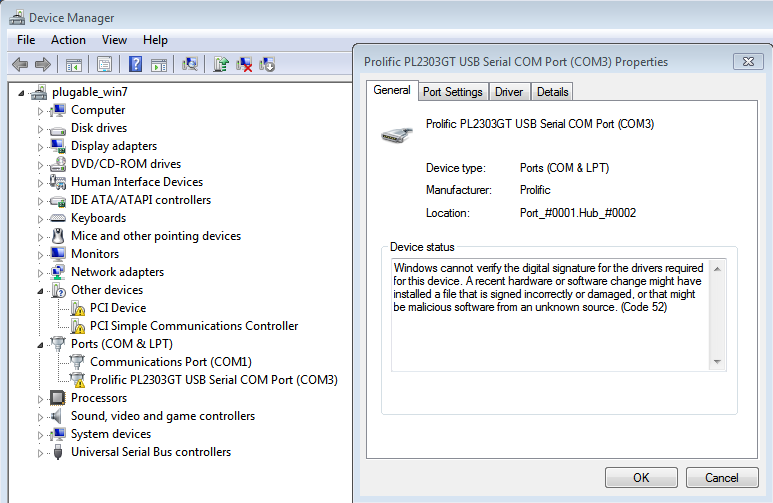 Windows 7 device manager showing the prolific device with unsigned driver