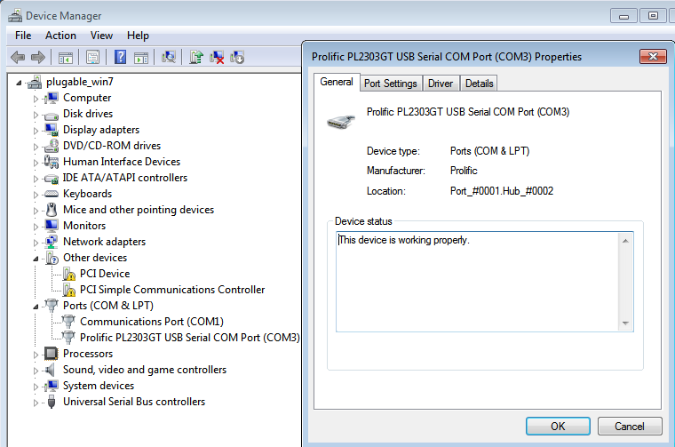 Windows 7 device manager showing the prolific device with drivers signed and working