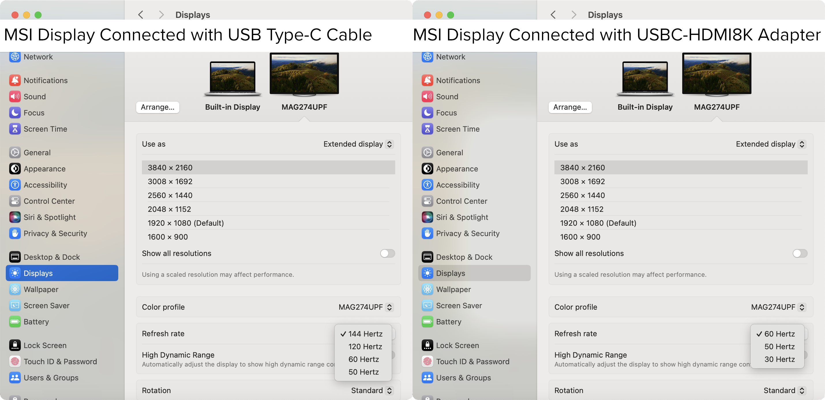 Side by side screenshots from the macOS display settings menu