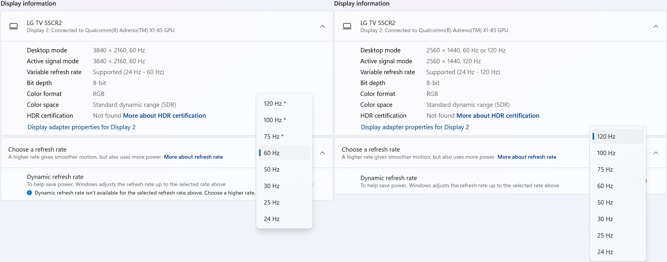 Windows 11 settings system display advanced asterisk on refresh rate