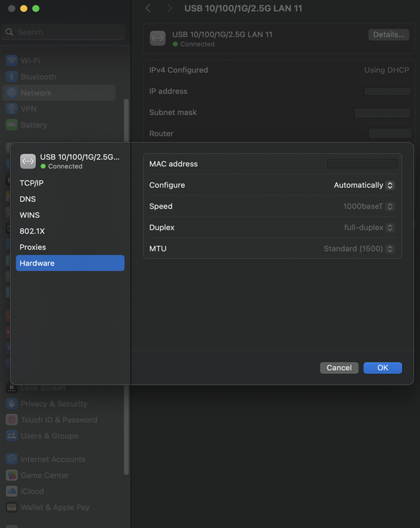 network settings link rate mac