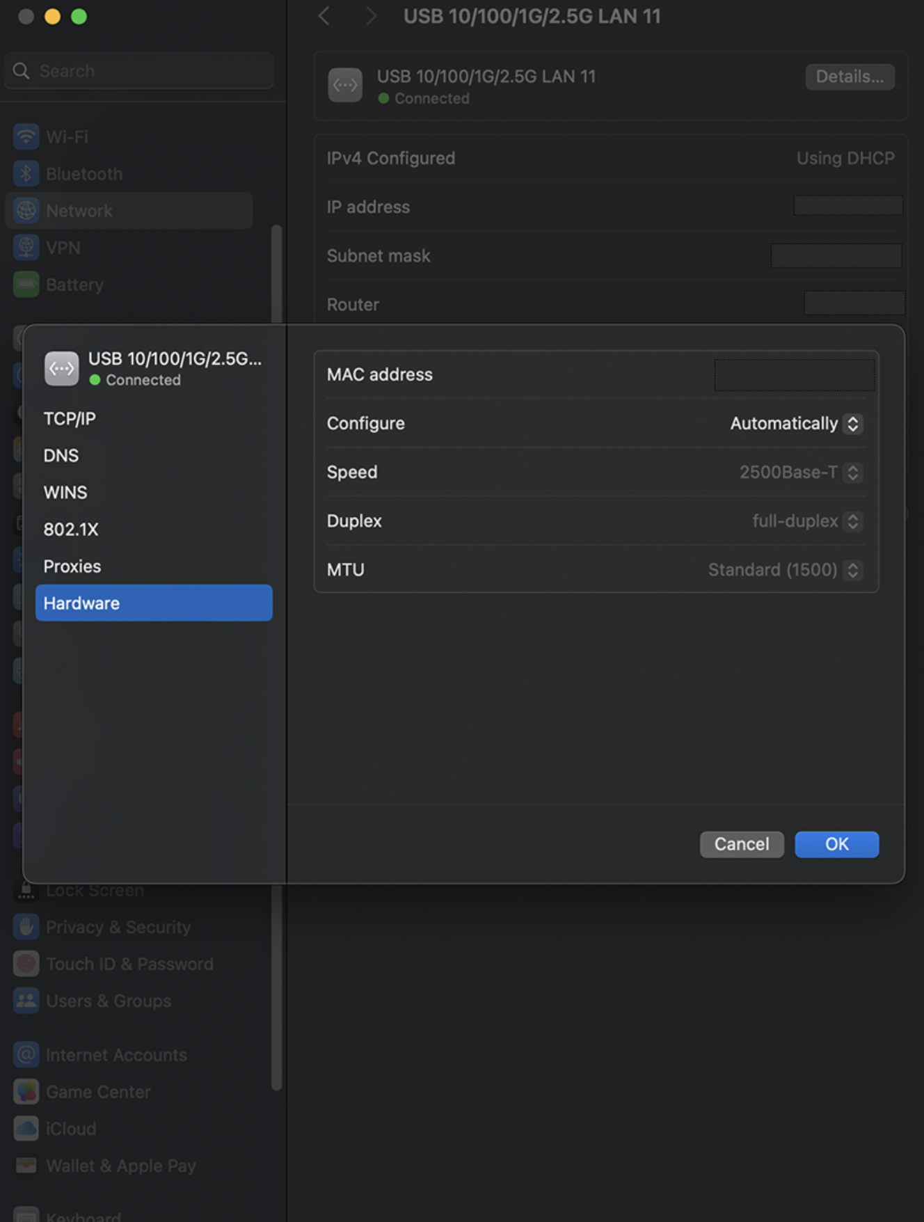 network settings link rate mac 2500gbps