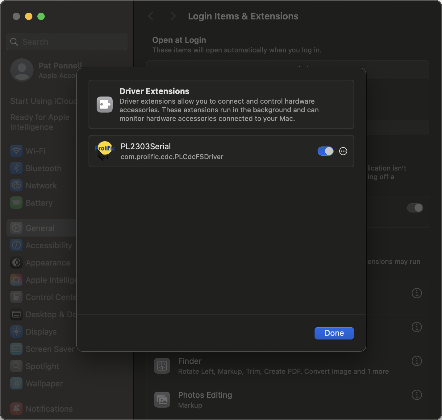 macOS login items and extensions driver extensions pl2303serial enable