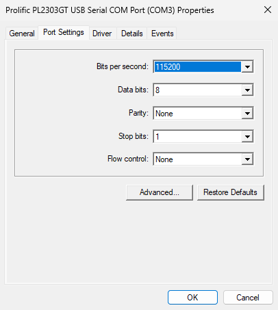 Prolific PL2303GT USB Serial COM Port Properties Port Settings