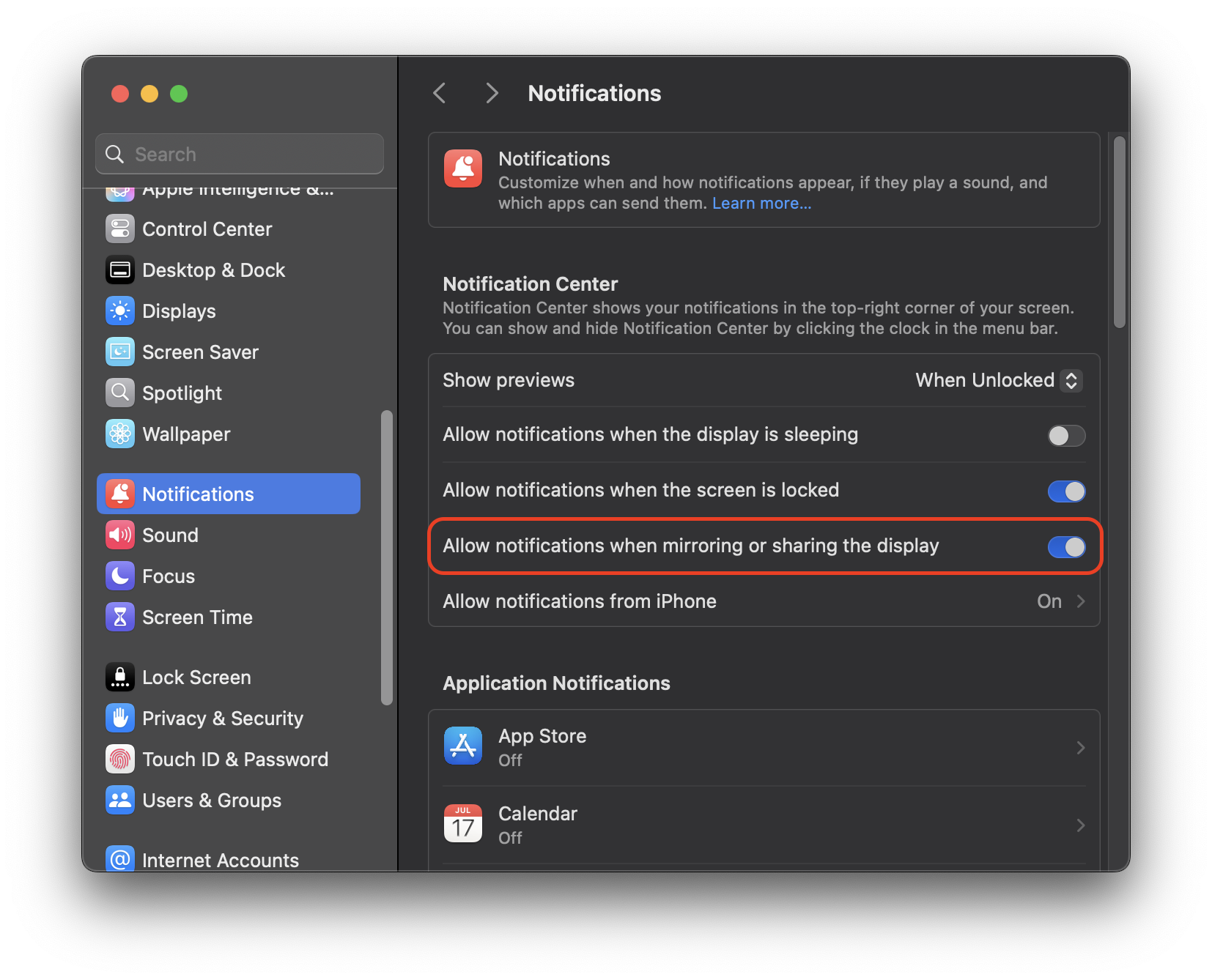 macOS Enable Notifications when Sharing the Display