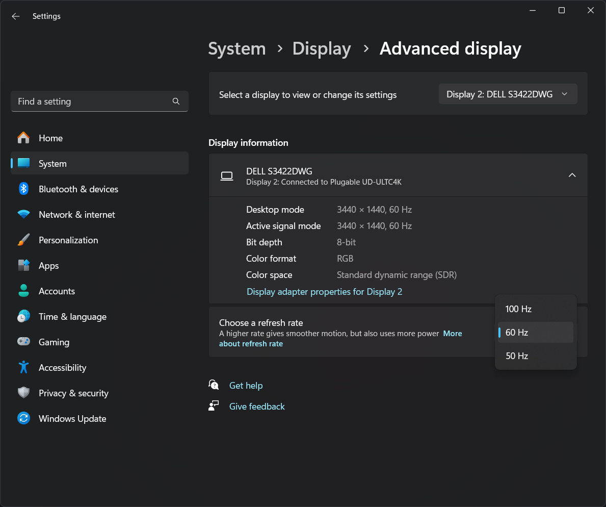 Windows Refresh Rate set to 60Hz