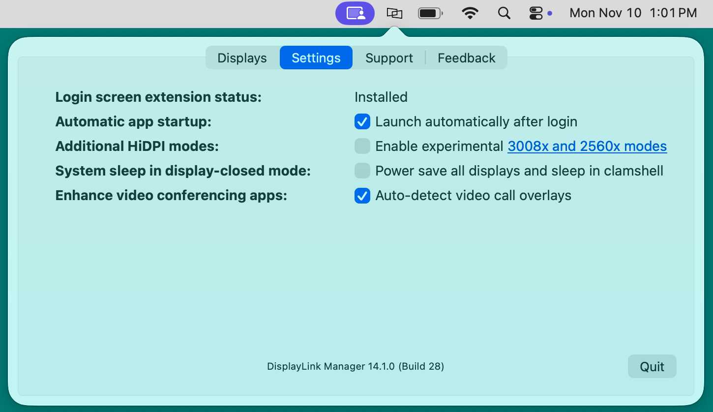 DisplayLink Manager version 14.1 Settings Tab