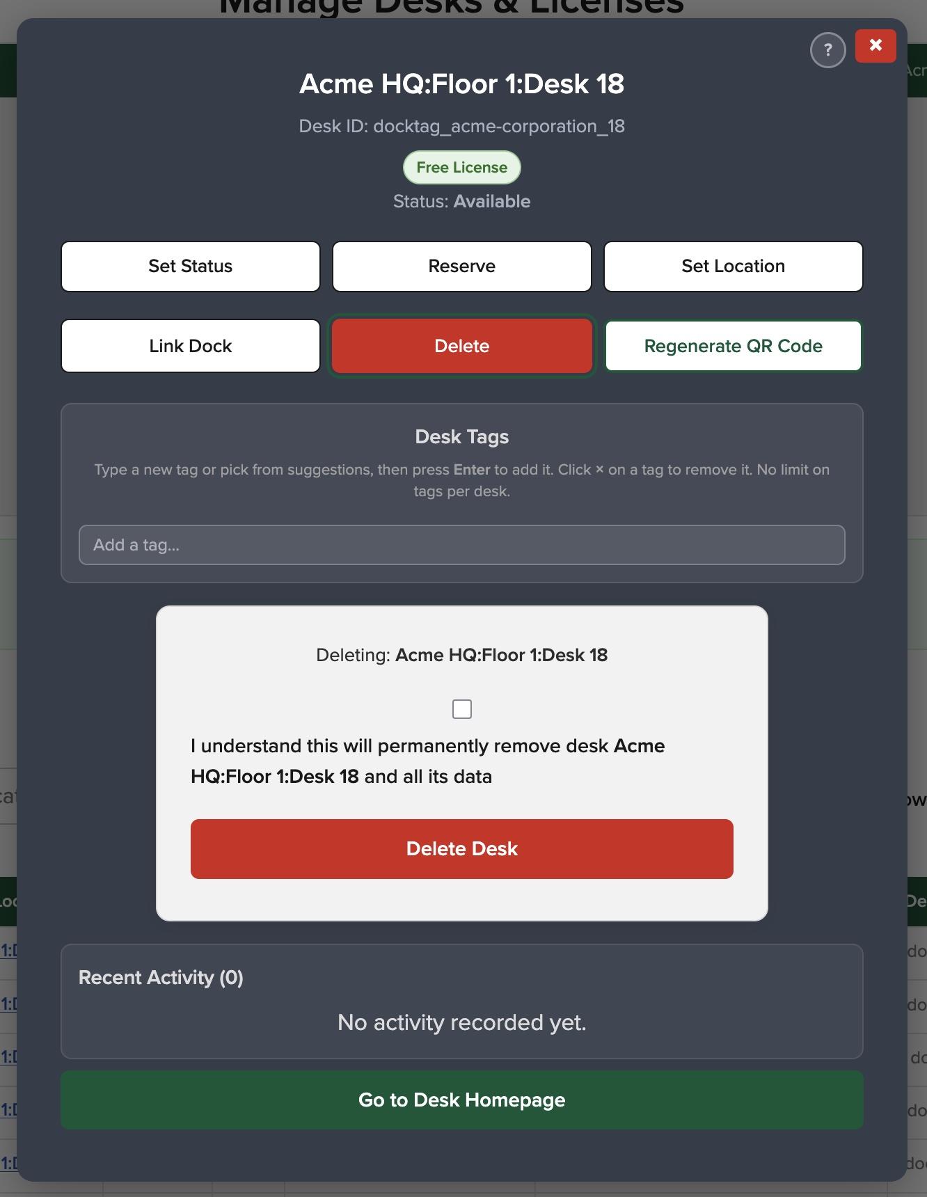 docktag v2 manage desk delete