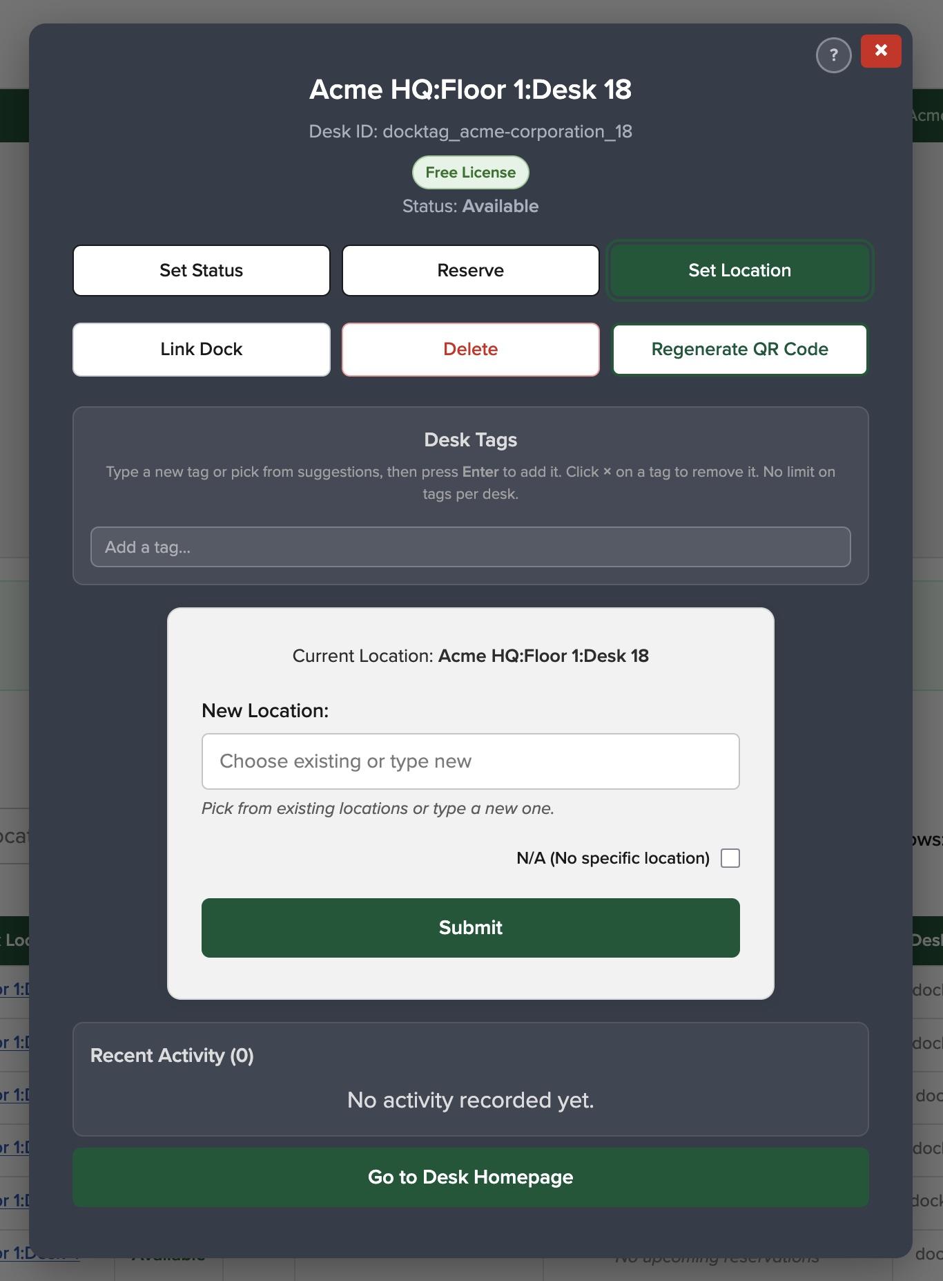 docktag v2 manage desk set location