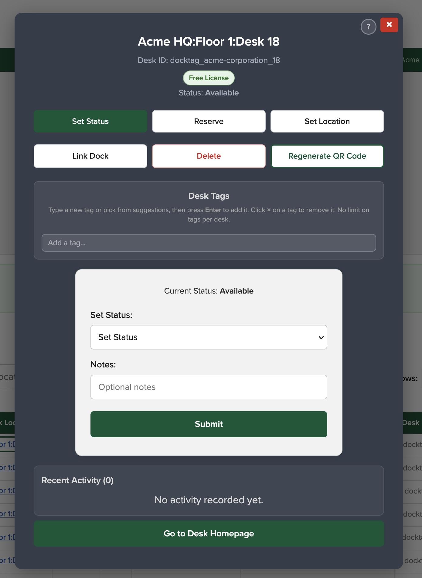 docktag v2 manage desk set status