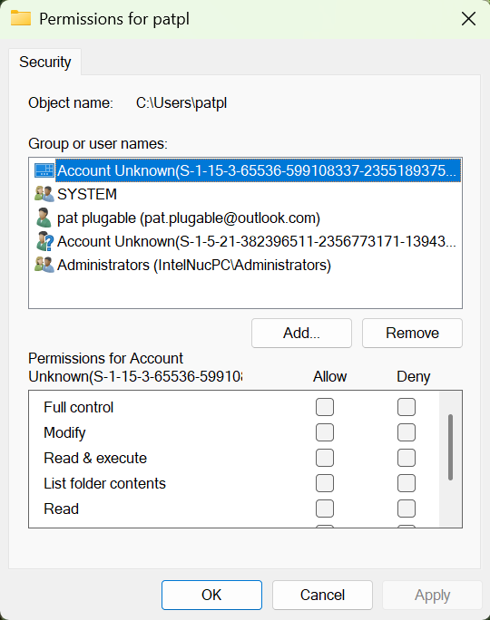 Windows Folder Permissions showing changes made by the recovery computer