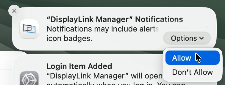 allow displaylink manager notifications
