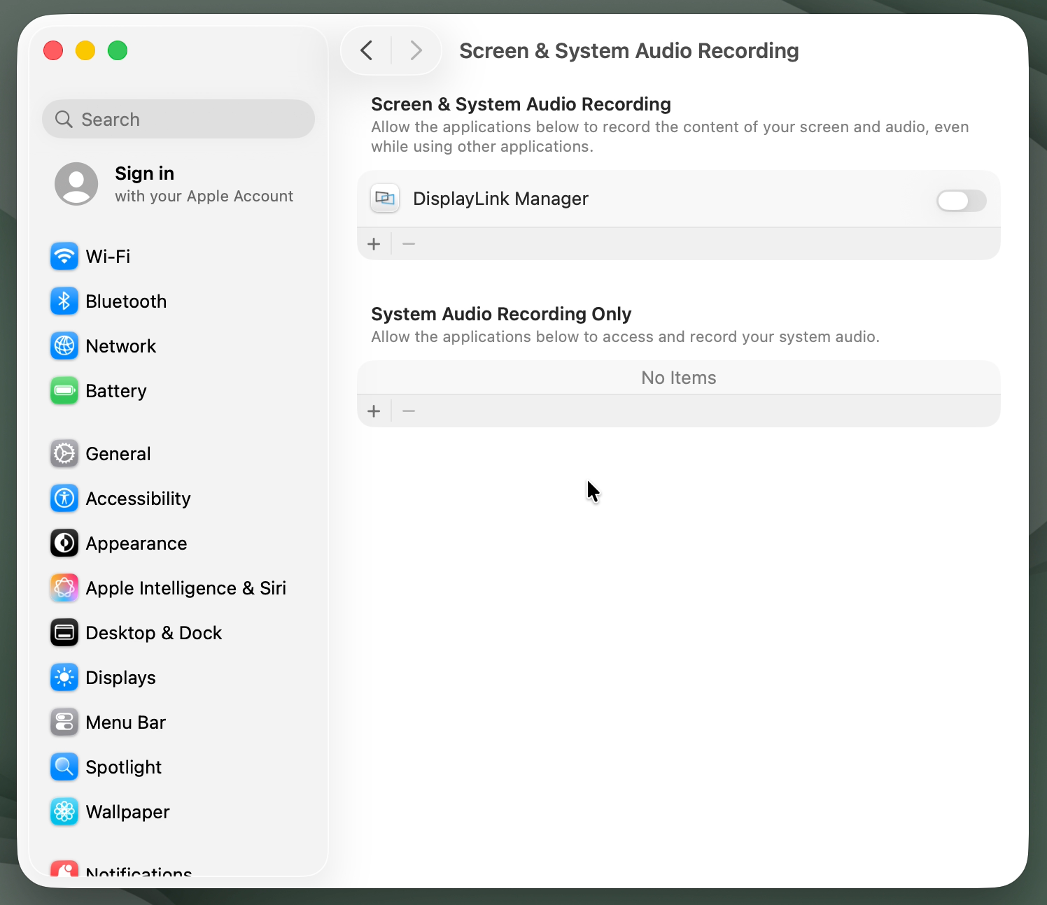 macos system settings screen and audio recording