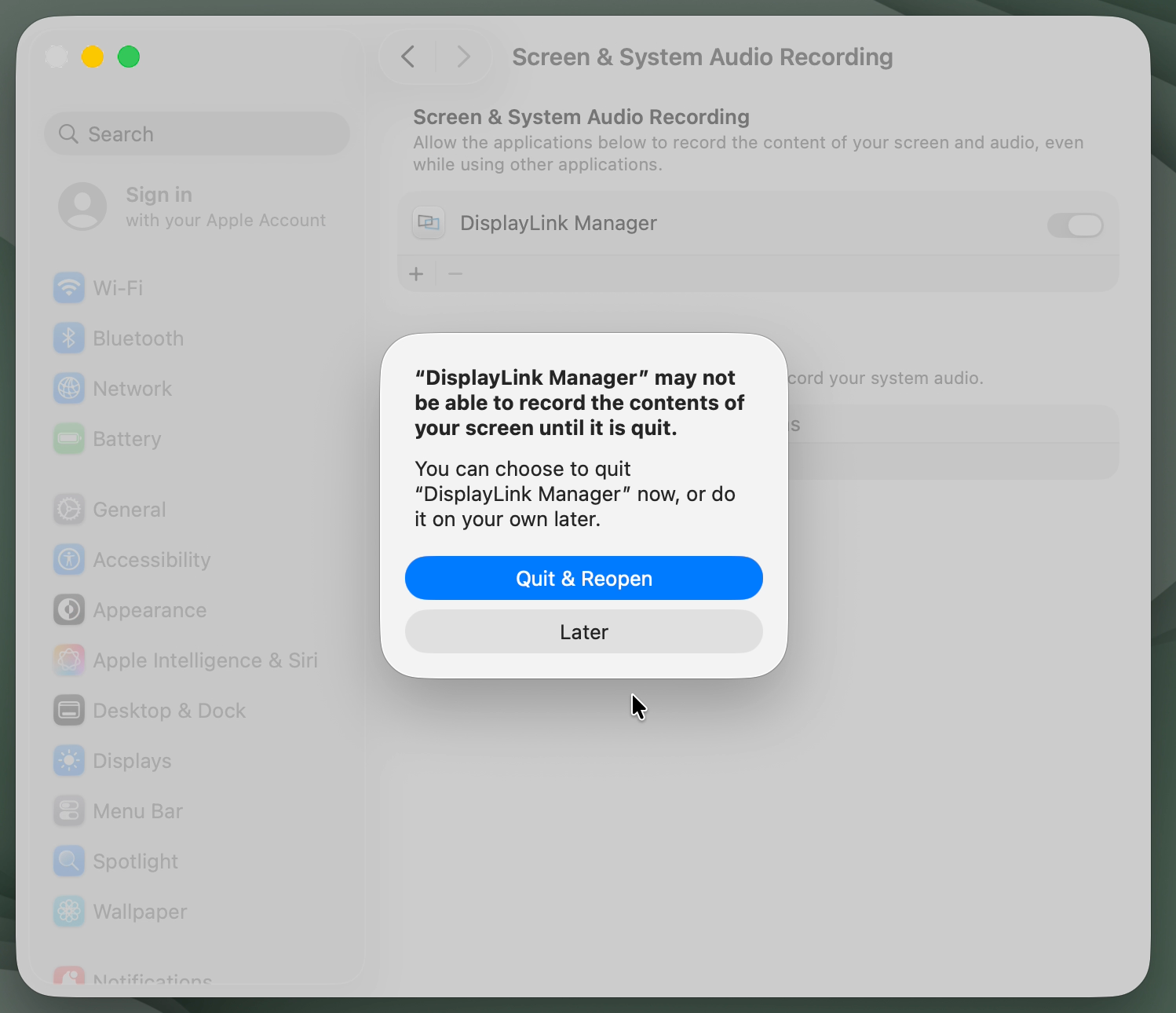 macos quit and reopen prompt for displaylink manager