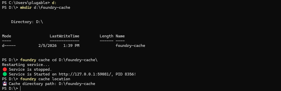 screenshot of microsoft foundry local changing cache location
