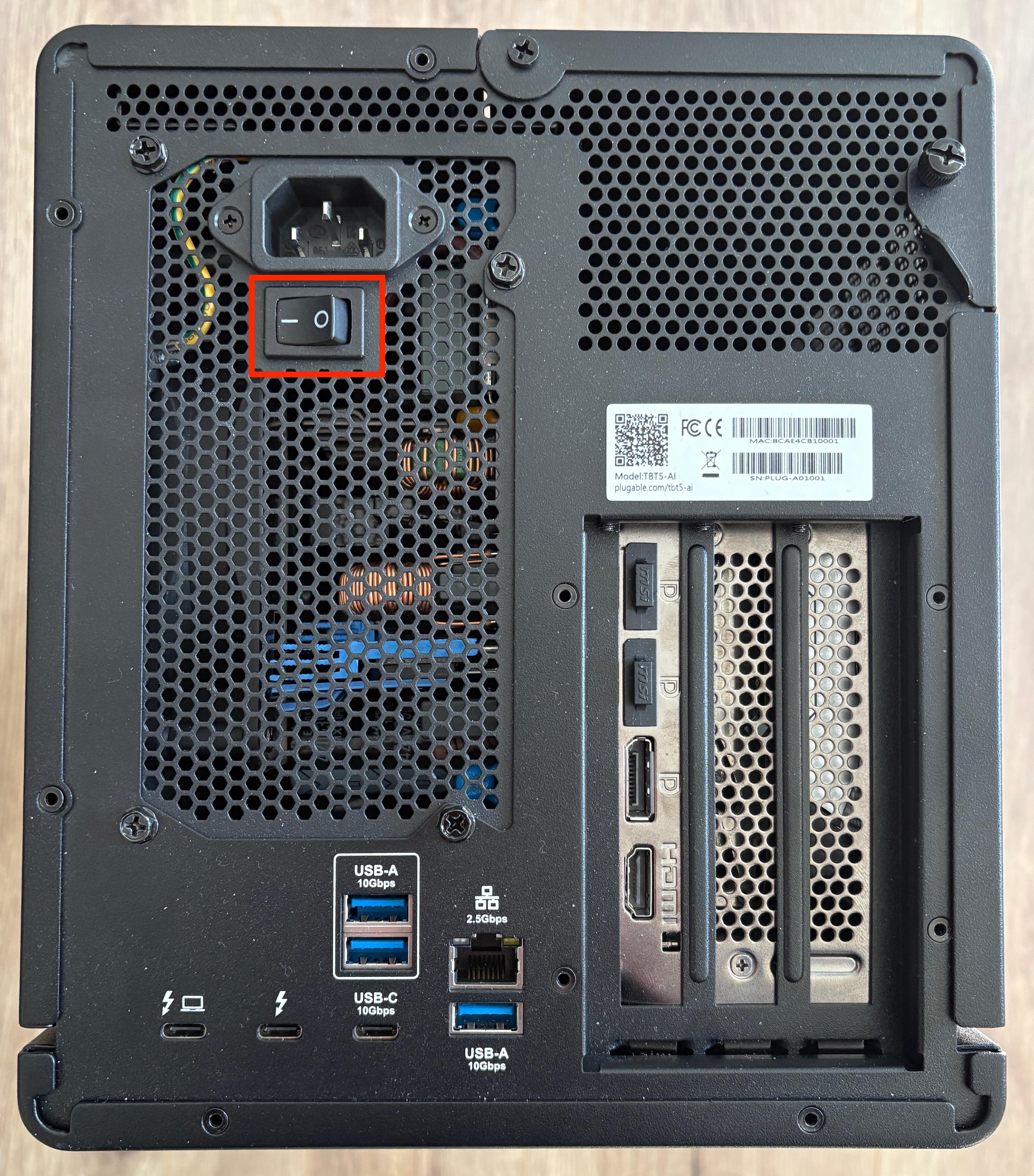 tbt5-ai rear view gpu installed power switch highlighted