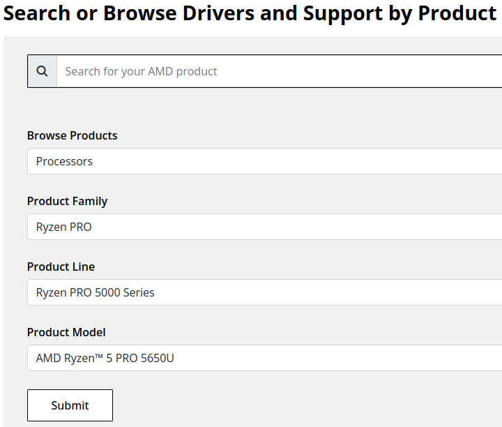 AMD Search or Browse Drivers filled out for example